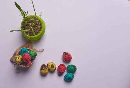 a pot of grass and a bag of Easter eggsの写真素材