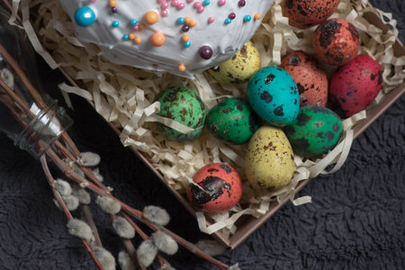 willow twigs and eggs with Easter cake