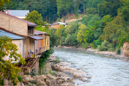 view of the houses on the riverの写真素材