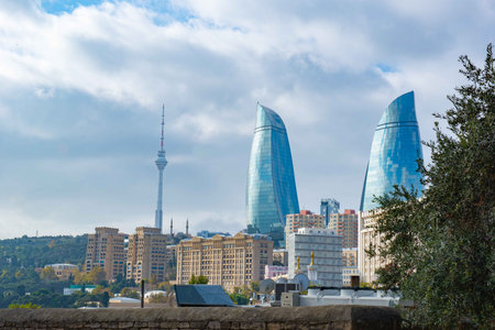 The modern landmark is visible from the old city of Bakuの写真素材