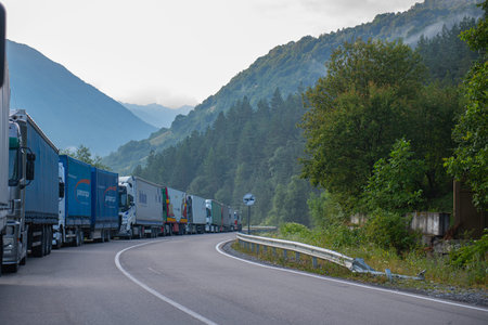 a long line of trucks stands on the road