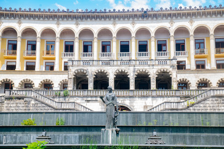 The view from the main entrance to the park and the fountain is abandonedの写真素材