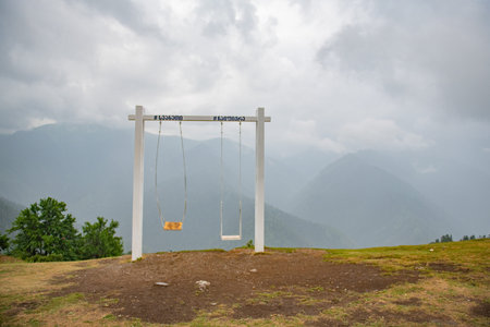 Two swings stand in the mountains of Georgia