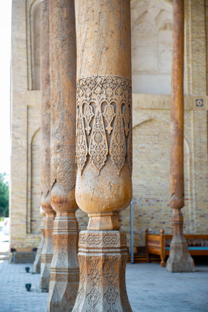 Uzbekistan carved wooden column in the mausoleumの写真素材