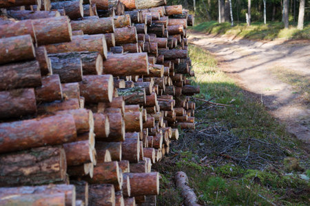 Freshy cut and ready for transportation pine trunks. Forestry industry. Pile of felled pine trees in...