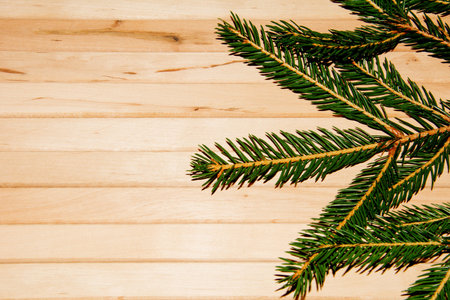 Christmas tree twigs of spruce arranged on aged wooden unpainted surface planks texture. Holiday...