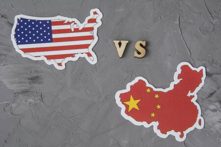 Flags of USA and China. Conflict between country. Global financial trade war of America vs China battle trade war crisisの写真素材