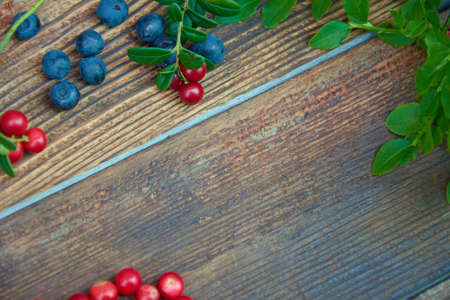 Wild berry on dark rustic wooden background. Cranberries and blueberries with green leaves on old wooden table with copyspace. Top view. Selective focusの写真素材
