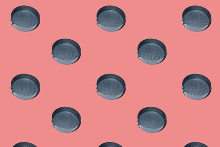 Seamless pattern of Round metal cake pan, tin for baking cakes and cookies. Black collapsible...