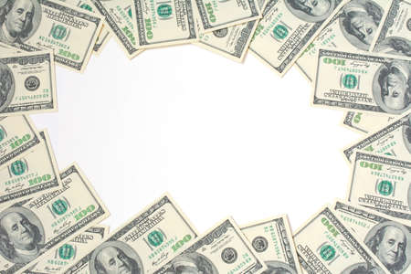 Frame made of money isolated on white background with copy space, different numbers. American hundred dollar billsの写真素材