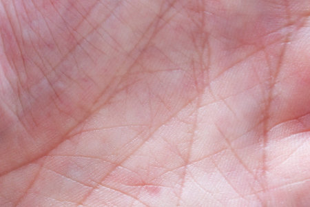 Close up of human hand palm with visible lines. Skin texture background