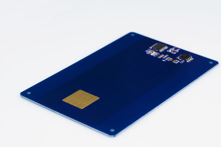 Blue plastic Smart Card with Chip on white background. House key security, access control terminal....