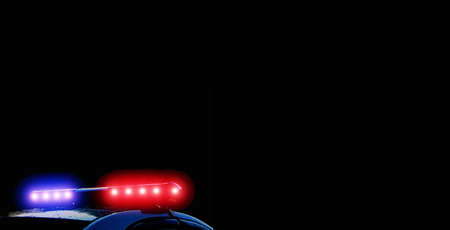 Strobelight bar, red and blue lights of police car. Scene of an accident or crime. Police patrol banner with copyspace for your designの写真素材