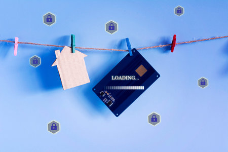 Contactless access card and model house hanging with plastic clothespin twine on blue background....