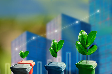 Green plant sprouts on garbage containers for separate garbage collection on arrow graph background....