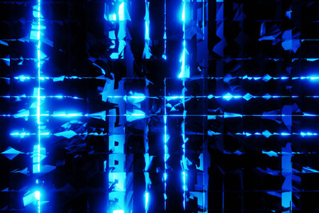 Glowing Flickering spark neon blue background kaleidoscope. Abstract texture. 3D rendering. 3D...