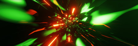 Futuristic technology abstract background. Sci-fi triangular tunnel red and green neon. 3D...