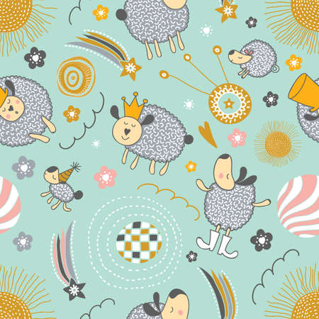 Cute sleepy sheep. Seamless pattern. Can be used in textile industry, paper, background, scrapbooking.のイラスト素材