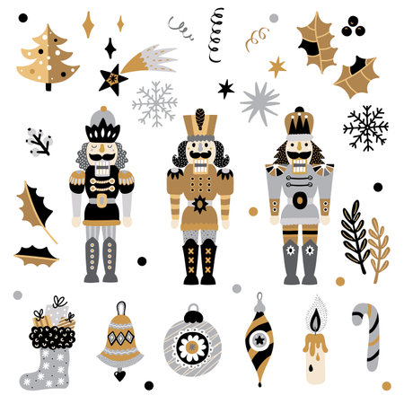 Christmas set with a Nutcracker. New Year's illustration. Gold and silver colors.のイラスト素材