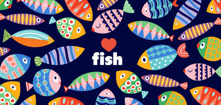 Cute retro colorful cartoon illustration with fish on white background. Vector illustration. Poster.のイラスト素材