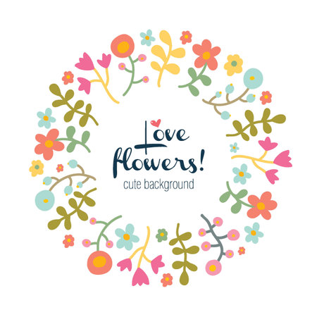 Flower wreath and a bird. Cute spring illustration.のイラスト素材