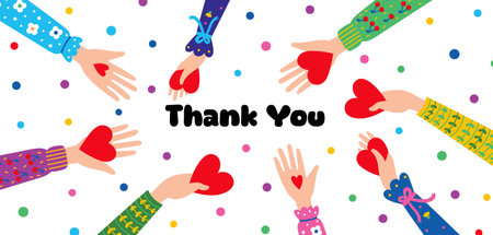 Thank you card template. Give and share your love for people. Many hands holding stylized hearts. Charity. Donation.Flat design, vector cute illustration.のイラスト素材