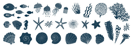 Sea animals and water plants. Vector illustration on a transparent background. Illustration icon set of various sea creatures (seashells, starfish,jellyfish, coral, seaweed, and tropical fish)のイラスト素材