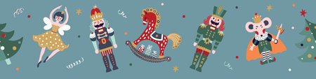 Nutcracker. Cute Christmas horizontal border. Christmas colorful motifs.