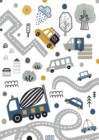 Cute kids poster with cars on a white background.Can be used in textile industry, paper, background, scrapbooking.Vectorのイラスト素材