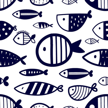 Cute retro seamless pattern with blue fish on white background. Can be used in textile industry, paper, background, scrapbooking.Vector.のイラスト素材