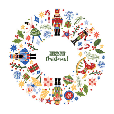 Christmas wreath with cute motifs from the ballet Nutcracker. Vector template. Retro design.のイラスト素材