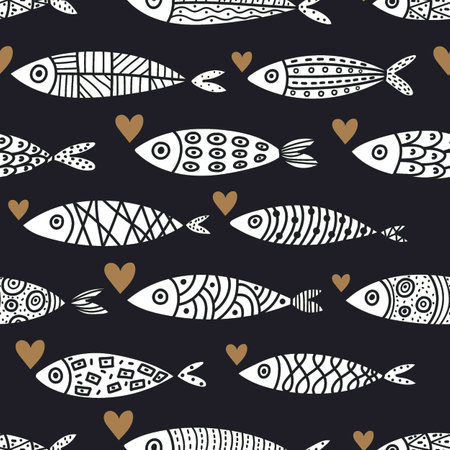 Sardines and hearts. Retro background. Seamless pattern. Can be used in textile industry, paper, background, scrapbooking.のイラスト素材
