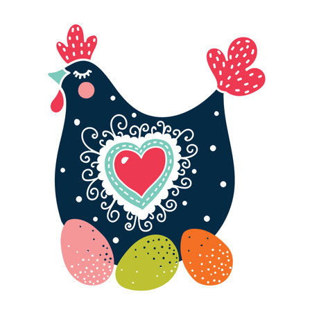 Cute Chicken with eggs on a transparent background. Cute Easter illustrationのイラスト素材