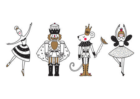 The Nutcracker, the Mouse King, and the Ballerinas. Vector illustration on a transparent background.のイラスト素材