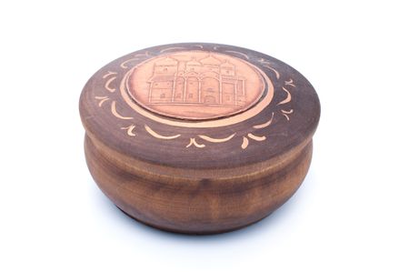 Wooden brown casket over white backgroundの写真素材