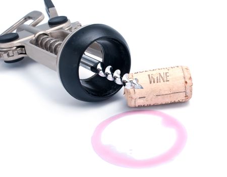 Cork and elegant corkscrew on a white backgroundの写真素材