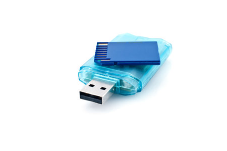 Blue card reader and memory card  on white background
