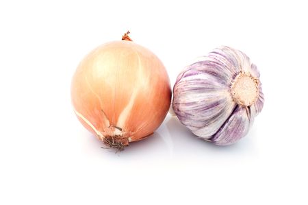 Onion and garlic,isolated on white background の写真素材