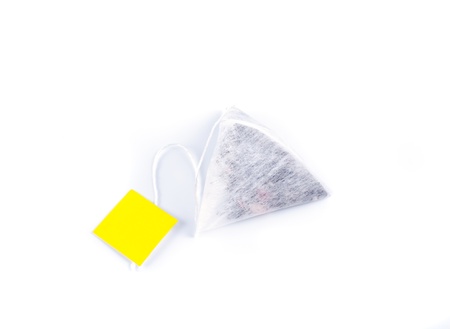 Close-up of tea bag , isolated on white backgroundの写真素材