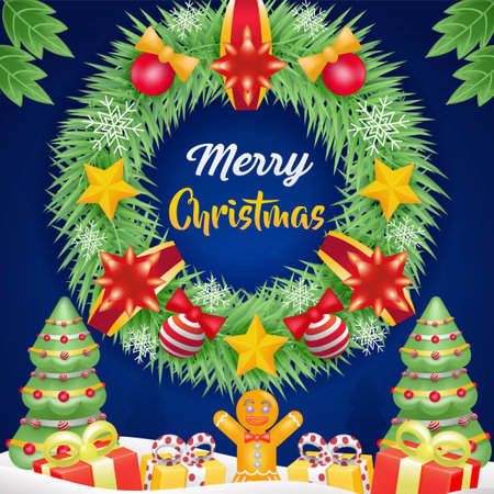 Merry Christmas. 3d illustration of Christmas wreath and gifts under the pine treeのイラスト素材