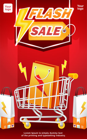 Flash Sale, 3d illustration of shopping bag and trolley with lightning effectのイラスト素材