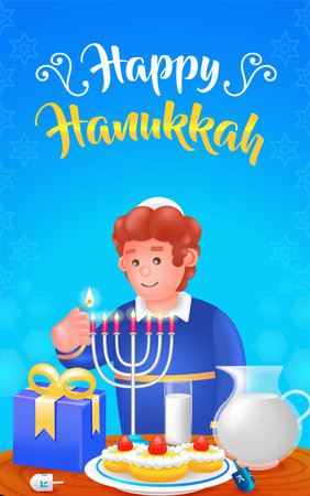 Happy Hanukkah, 3d illustration of a young man lighting a candleのイラスト素材