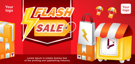 Flash Sale, yellow clock and shopping package 3d illustrationのイラスト素材
