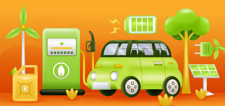 Green Energy. 3d illustration of electric car, gas station, solar panel, wind turbine and battery