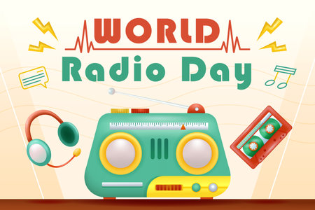 World Radio Day. 3d illustration of radio, headset and cassetteのイラスト素材