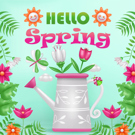 Hello spring. 3d illustration of boots, basket and flower watering pot, with ornamental tropical plantsのイラスト素材