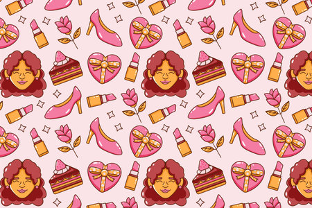 Women's day. Faces, cakes, drinks, lipsticks, high heels, gifts and flowers seamless pattern iconsのイラスト素材