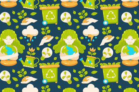 Happy Earth Day. Women hugging the earth, watering plants, lights, rain, and trash can patternsのイラスト素材