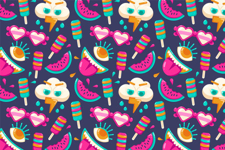 Enjoy your sweetness, tongue, eyes, ice cream, watermelon, glasses and rain patternsのイラスト素材