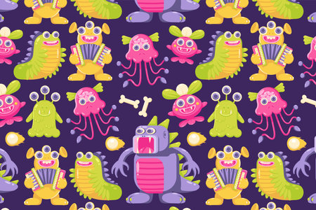 Cute monsters. Caterpillar patterns, crocodiles, playing music and jellyfish monstersのイラスト素材